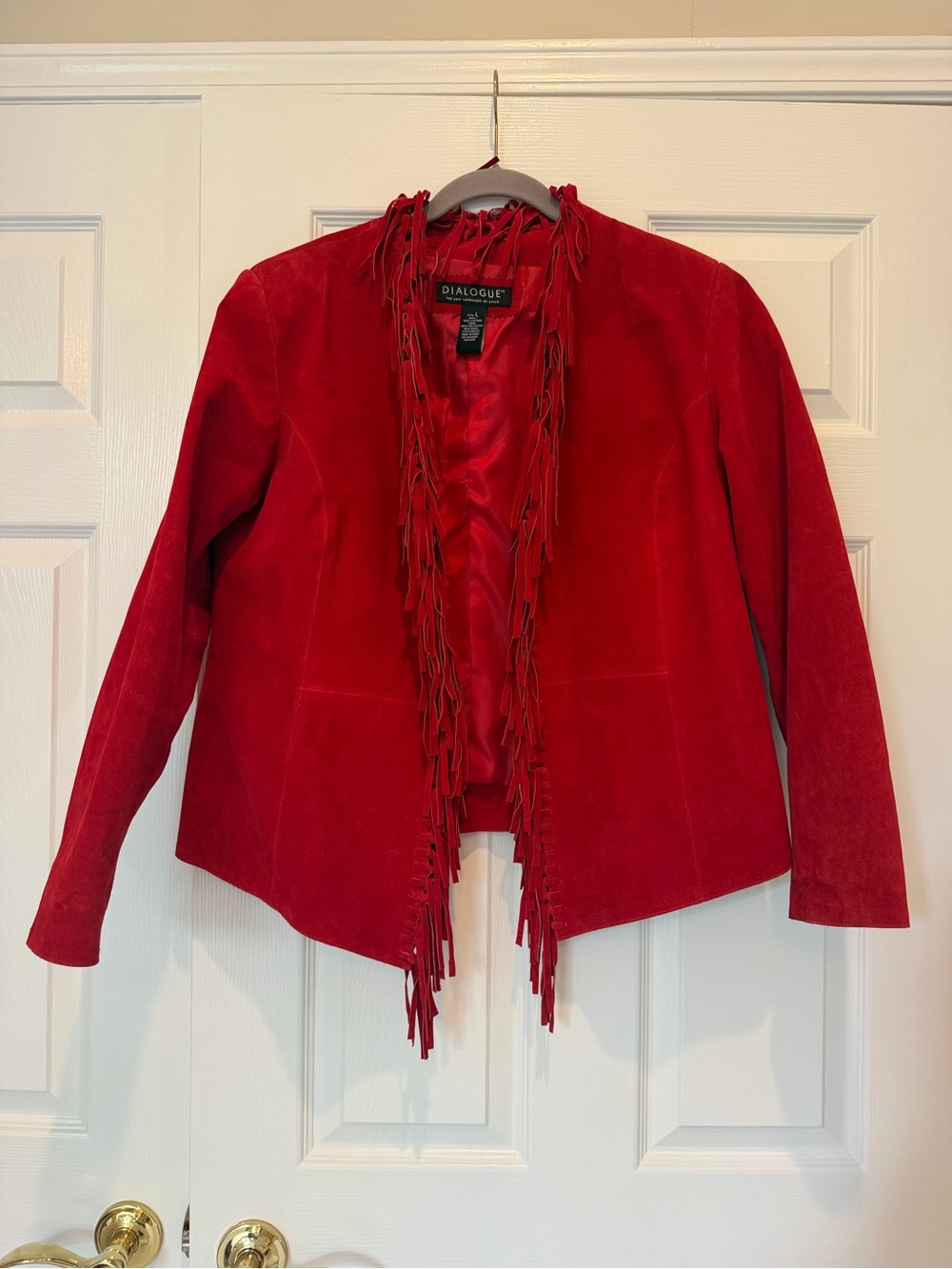 Vintage Dialogue Red Suede Leather Fringe Western Open Front Jacket Size L